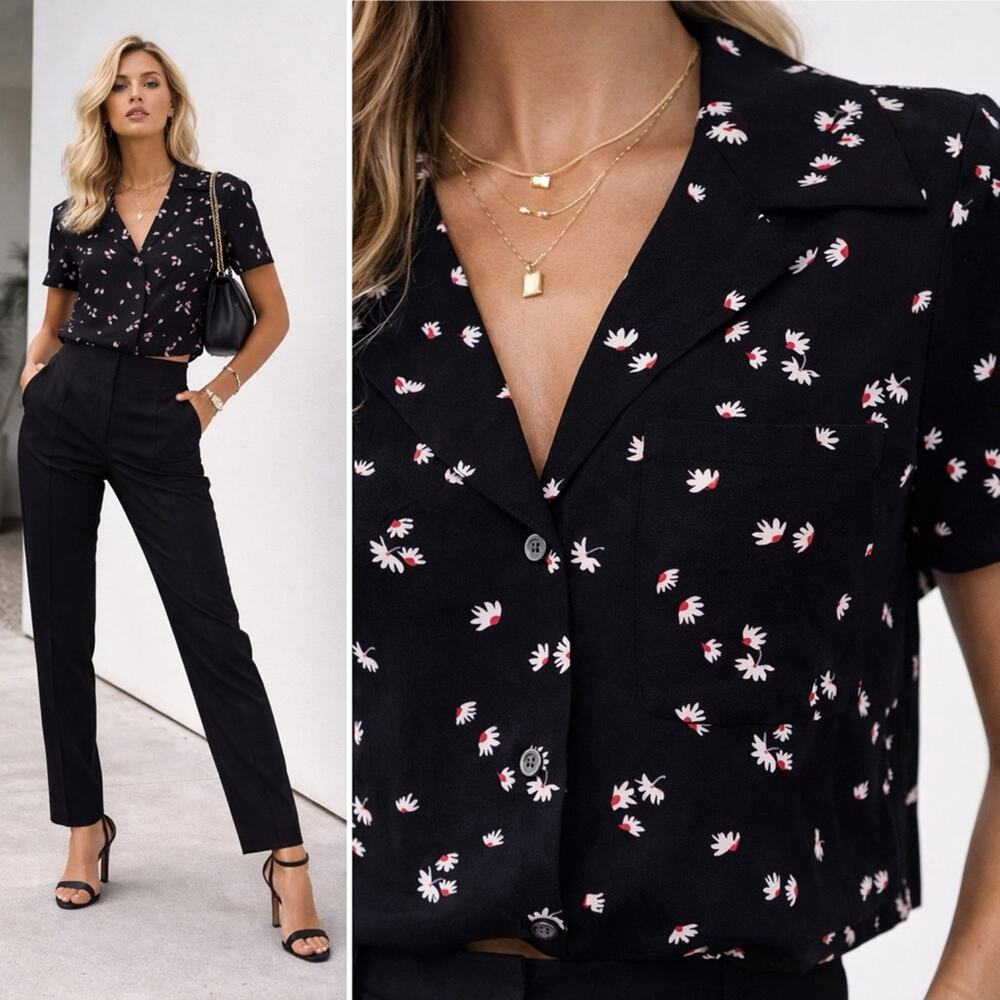 THAKOON Cropped Short Sleeve Shirt Black Daisy Print Button Pocket Small NEW